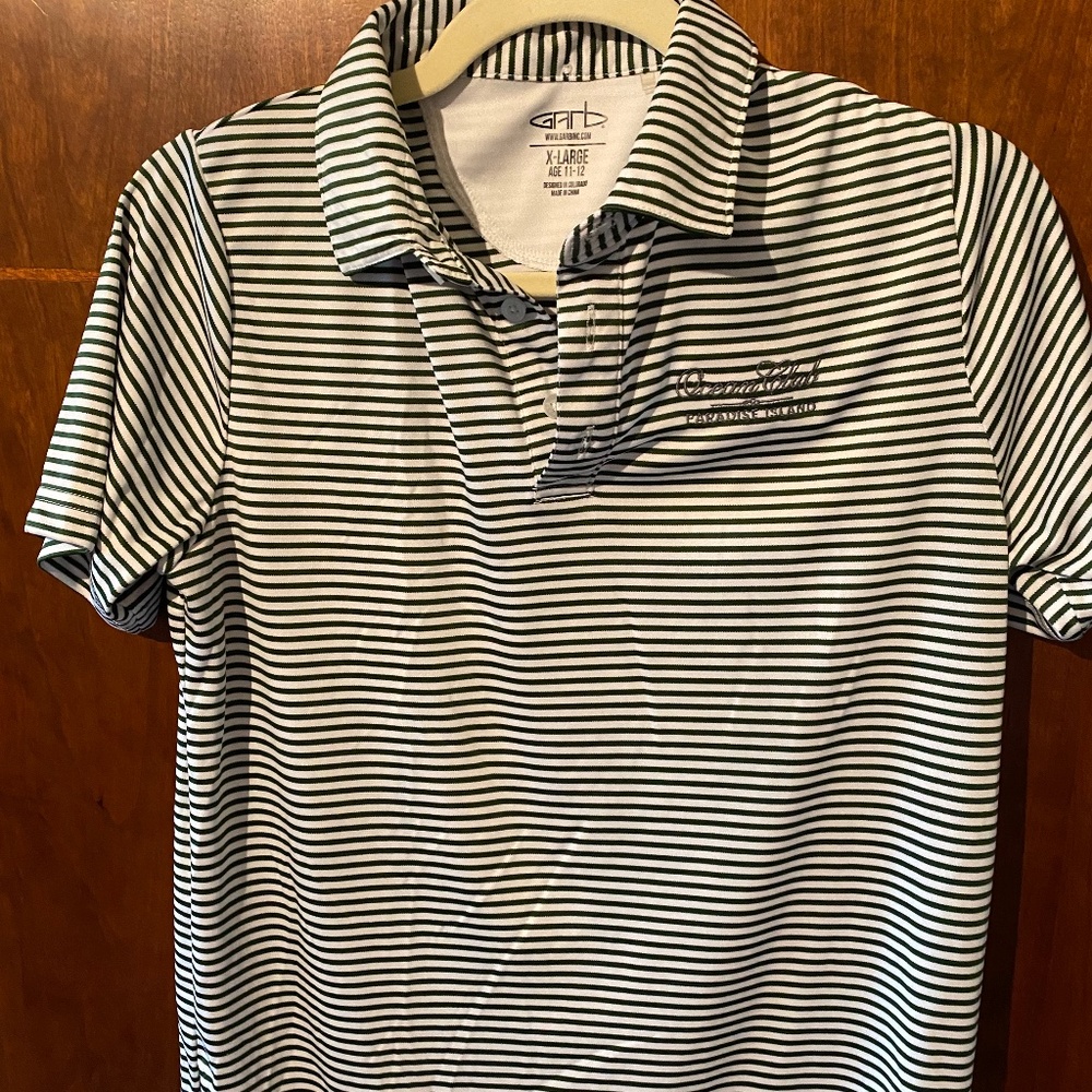 Boys Ocean Club Garb Green and White Stripped Golf Shirt Size 11-12